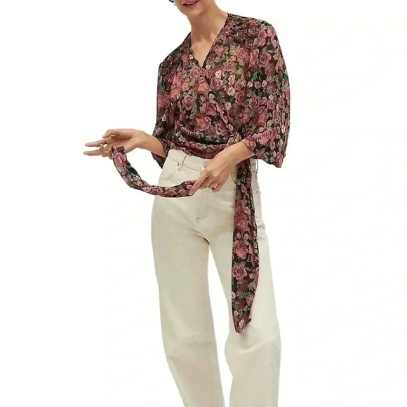 [M]MNG Pink/Red Floral Cropped Baloon  Sleeve Wrap Blouse - Picture 4 of 15